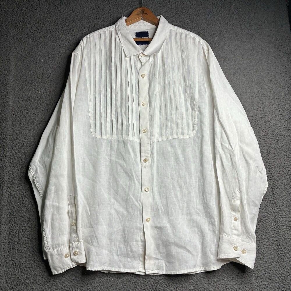 Tommy Bahama Mens Button Up Shirt XL White 100% Linen Long Sleeve Pleated Bib